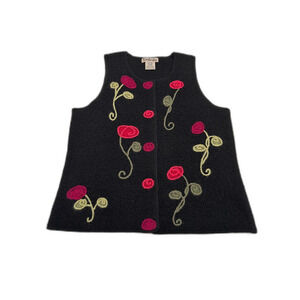 Timber Lea Felted Black Wool Vest Floral Size Medium